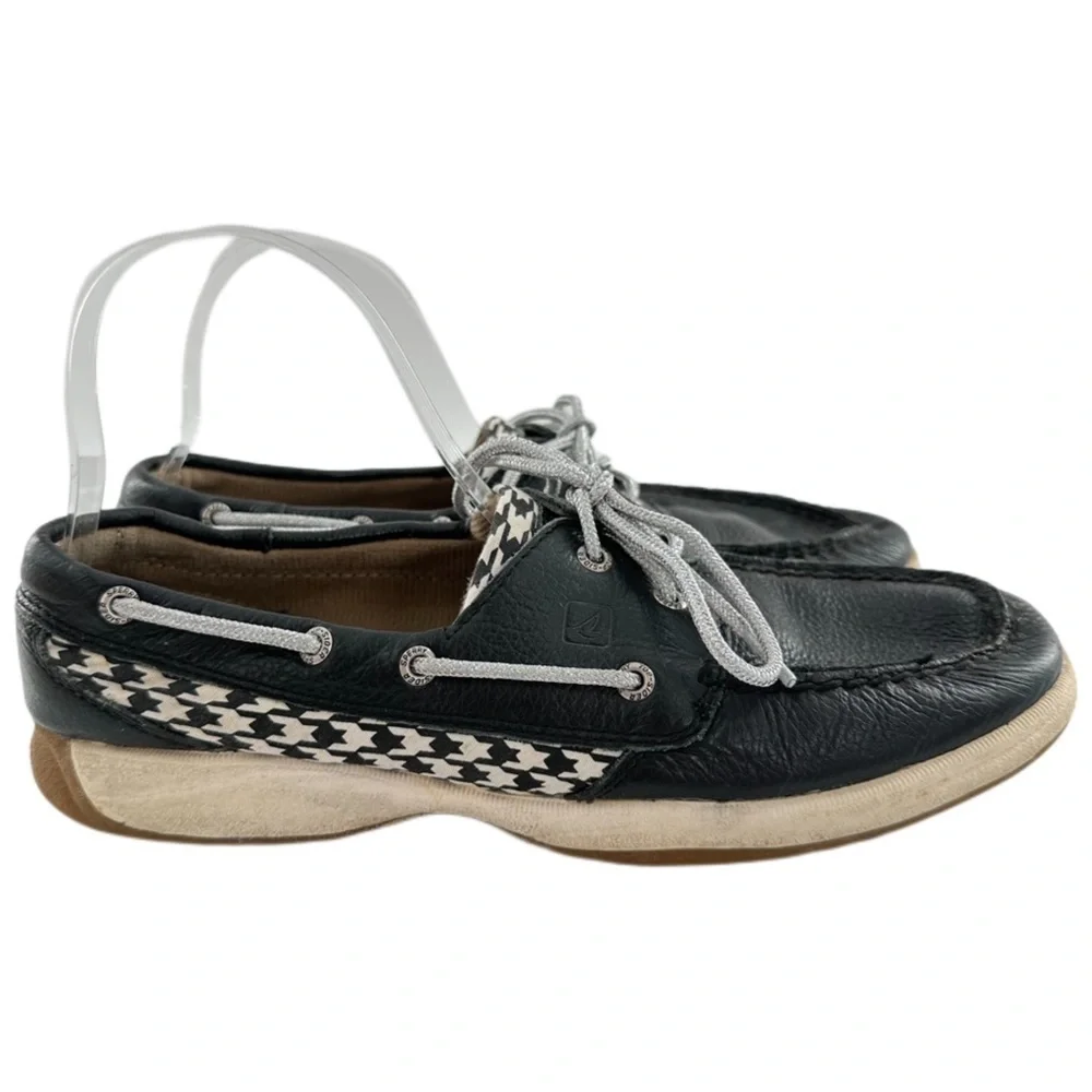 Sperry womens flats size 9.5 navy silver leather houndstooth preppy Boatshoes
